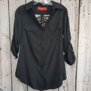 Akira Women's Small Black Cut Out Button Down Long Sleeve Blouse Shirt Top